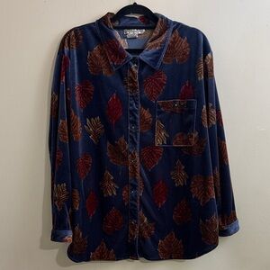 Vintage Cindy Bai Velvet Leaf Print Button Down Shirt size 1X Novelty Cottage